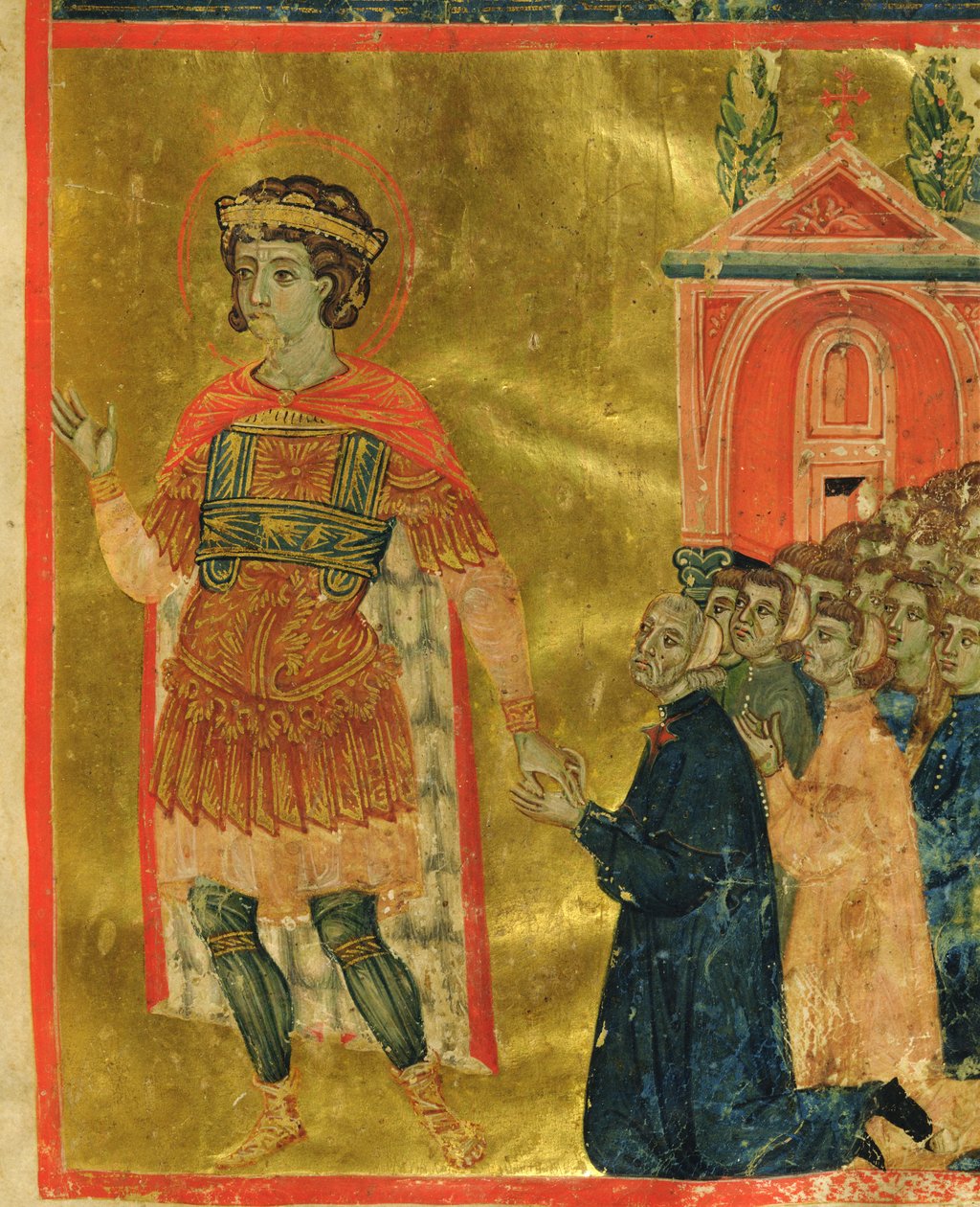 Enkele broeders bidden tot St. Theodore, uit een Mariegola, 1350 door Italian School