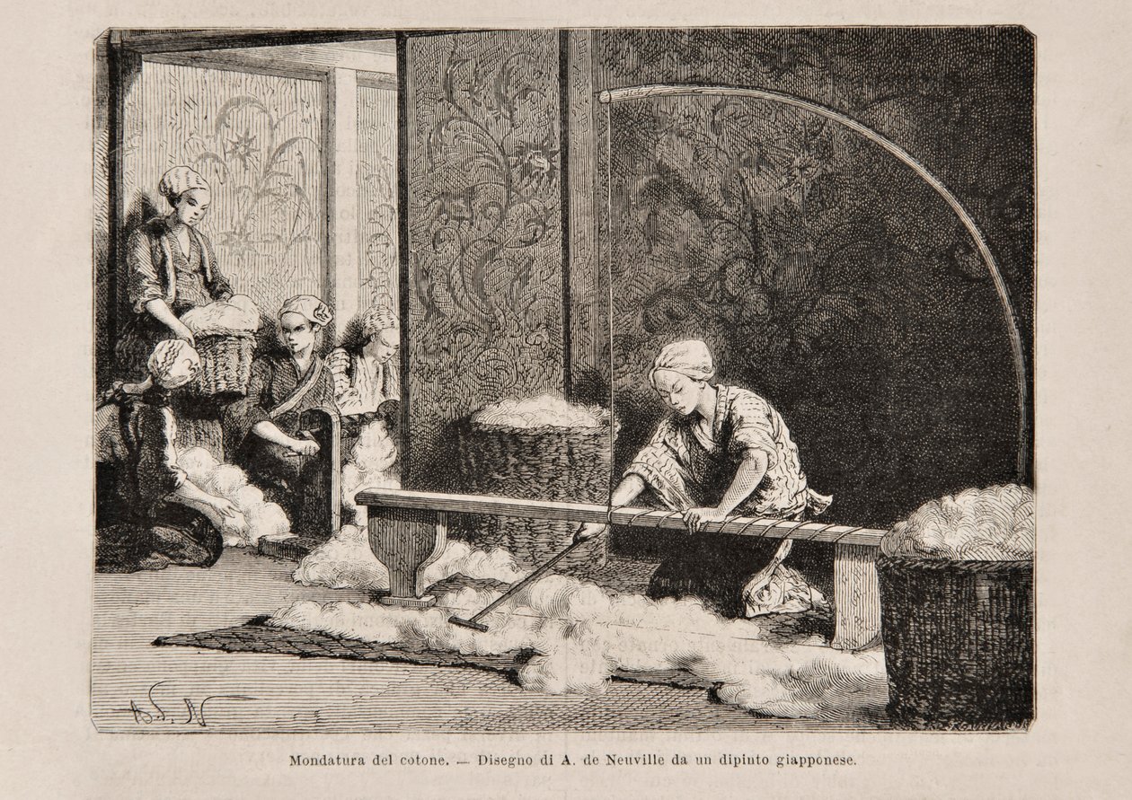 Katoen spinnen, Japan, uit de Italiaanse editie van Tour du Monde, 1869 door Italian School