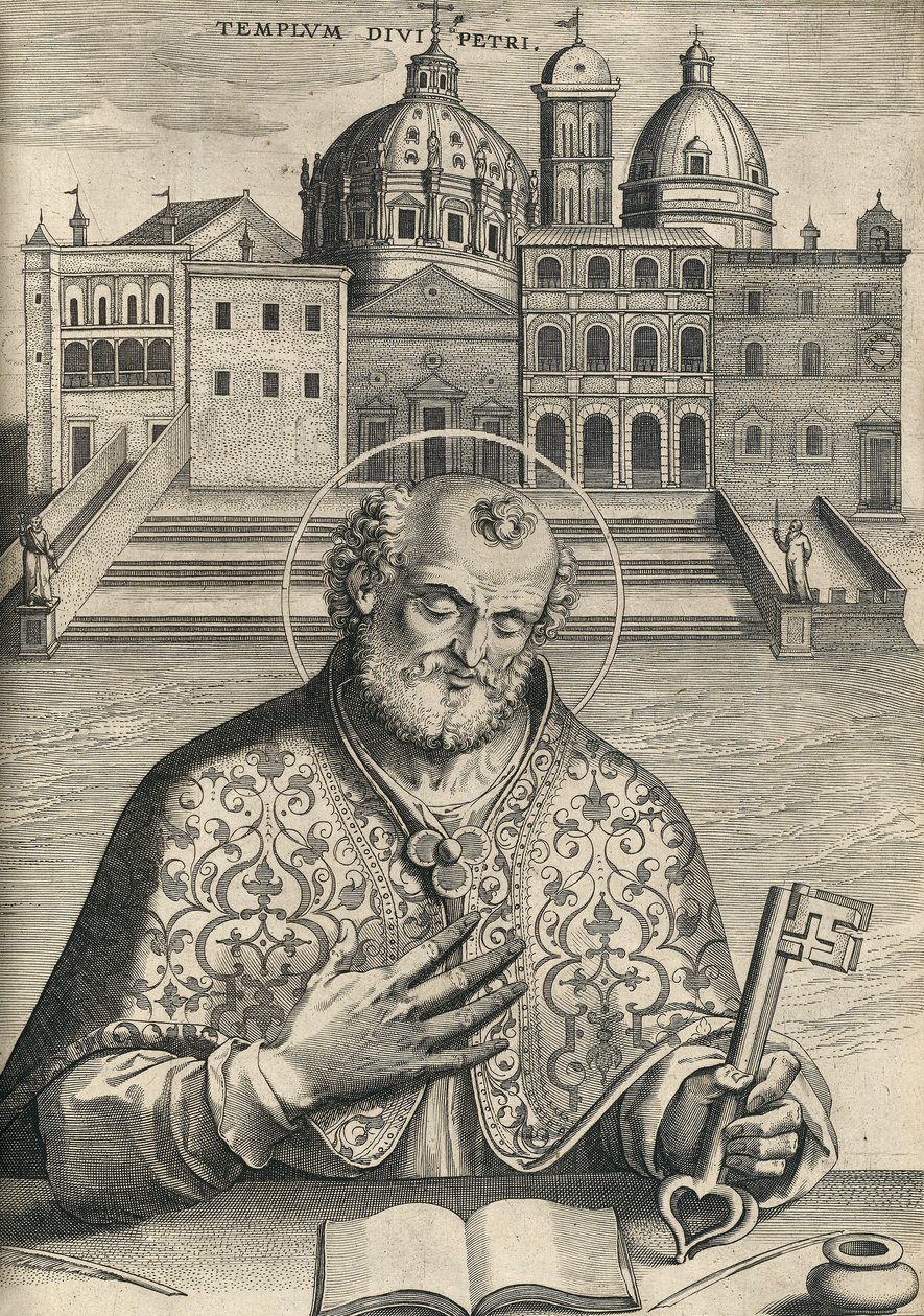 St. Pieter voor de Sint-Pietersbasiliek uit Septem Urbis Ecclesiae Primariae, pub. 1599 door Italian School