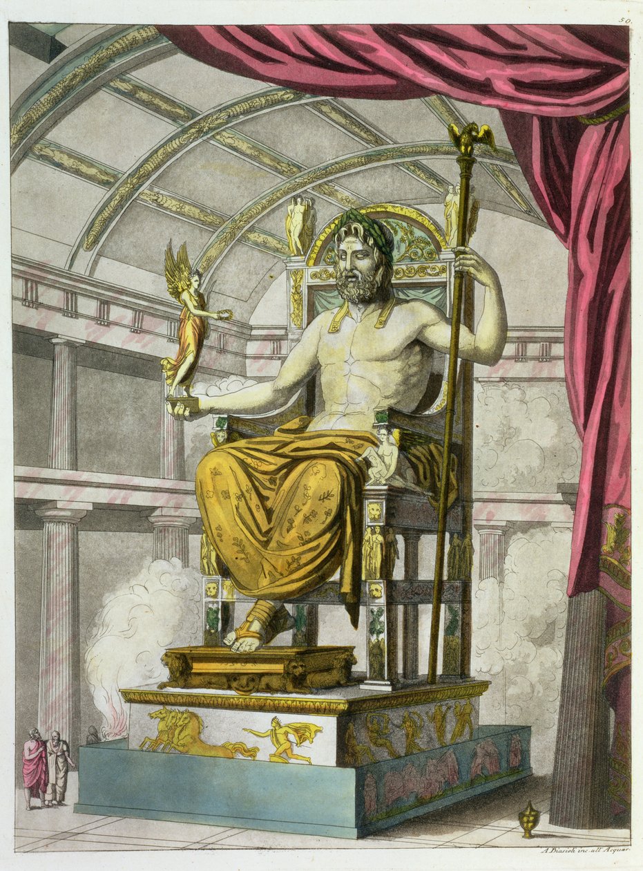Standbeeld van Jupiter in een tempel, uit Costumi dei Romani, gegraveerd door Angelo Biasioli door Italian School