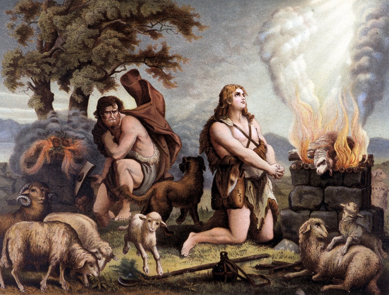 De Aanbidding van het Lam (Kaïn en Abel) - Kaïn en Abel (offeren een schaap) in 