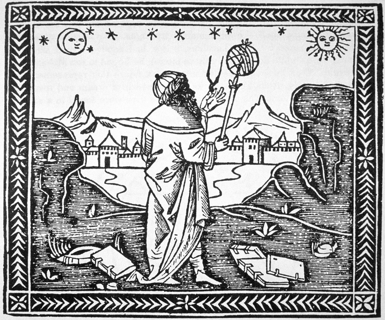 De Astrologer Albumasar (787-885) kopie van een illustratie uit zijn Introductorium in Astronomiam, Venetië 1506, gebruikt in Geschiedenis van de Magie, gepubliceerd eind 19e eeuw door Italian School