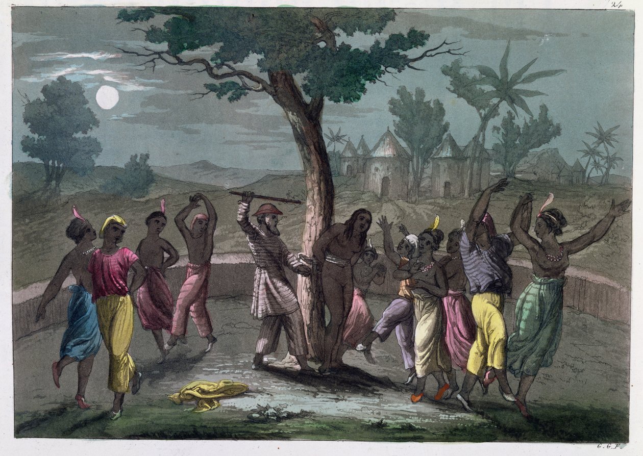 De dans van de Mombo-Jombo, volgens de reizen van Mungo Park, uit A History of Costume door J. Ferrario, gepubliceerd in Milaan ca.1820 door Italian School
