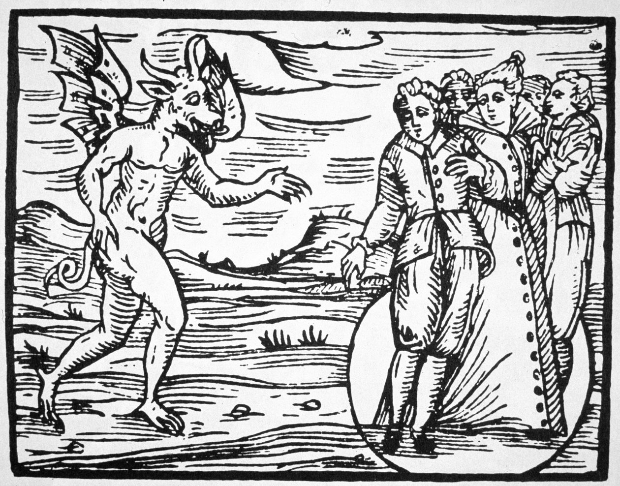 De Evocatie van de Duivel, kopie van een illustratie uit Compendium Maleticarum door Fr M Guaccius, Milaan 1608, gebruikt in Geschiedenis van de Magie, gepubliceerd eind 19e eeuw door Italian School