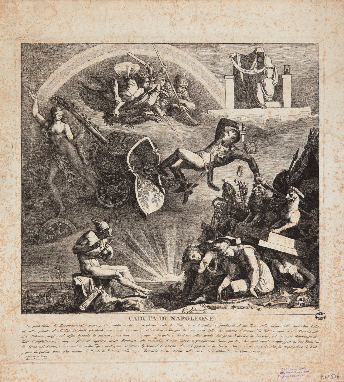De val van Napoleon - Cartoon van de val van Italië, 1814 door Italian School