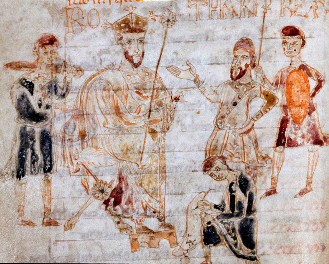 De Lombardische Koning Rothari (of Rotari) (overleden 652) publiceerde op 22/11/643 zijn edict in Pavia Pagina van het manuscript 