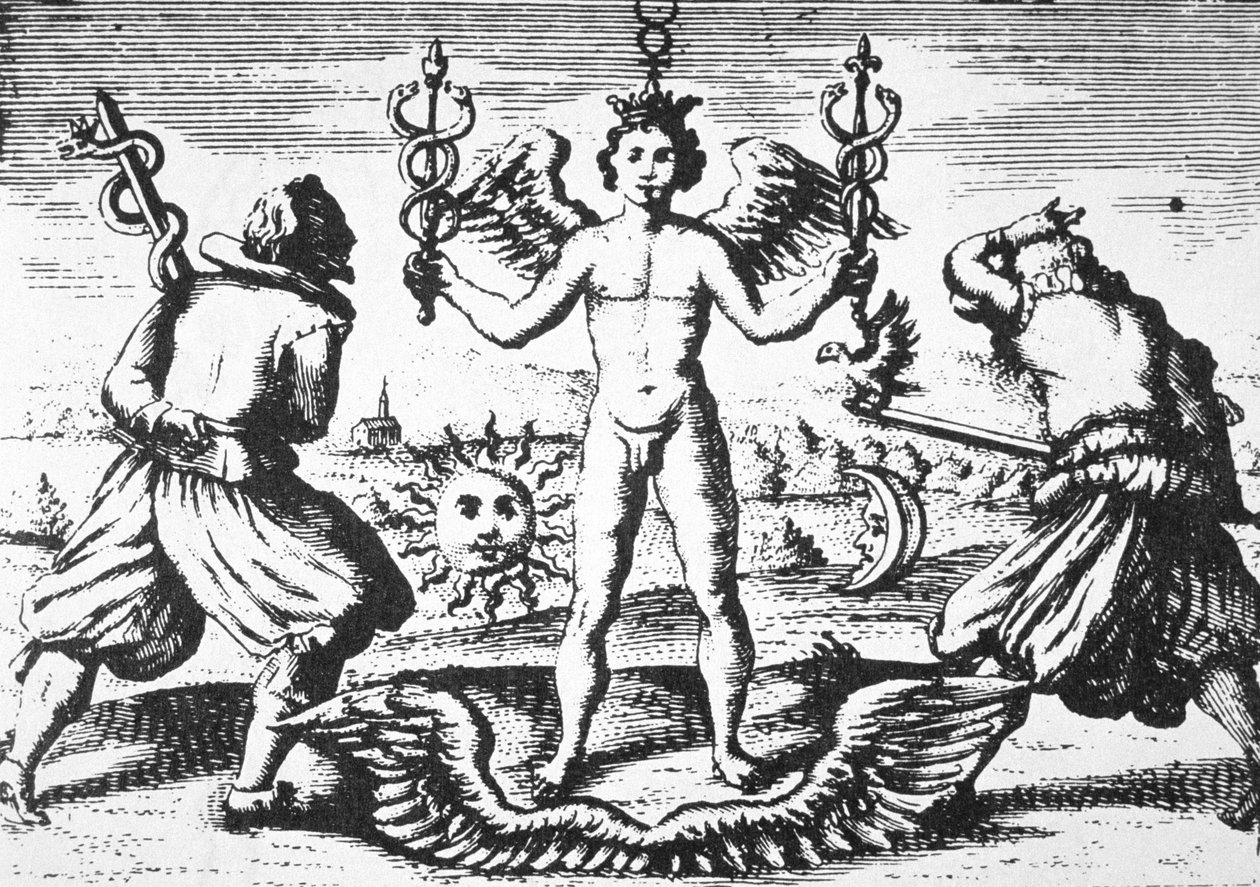 Het Kwik van de Filosofen, uit Della Tramutatione Metallica door Giovanni Battista Nazari (1589) geïllustreerd in een geschiedenis van magie gepubliceerd eind 19e eeuw door Italian School