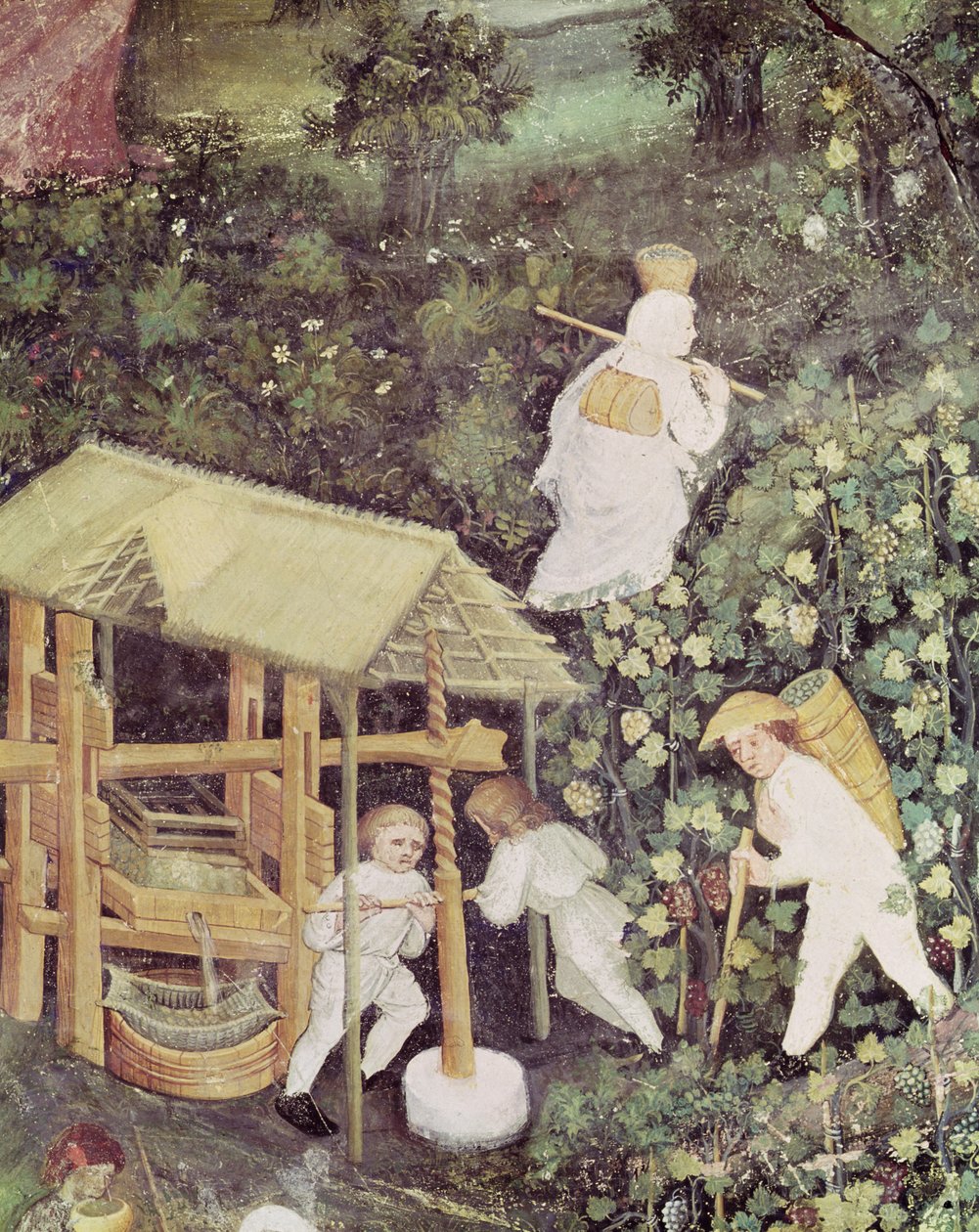 De maand oktober, detail van druivenplukkers die druiven persen, ca. 1400 door Italian School