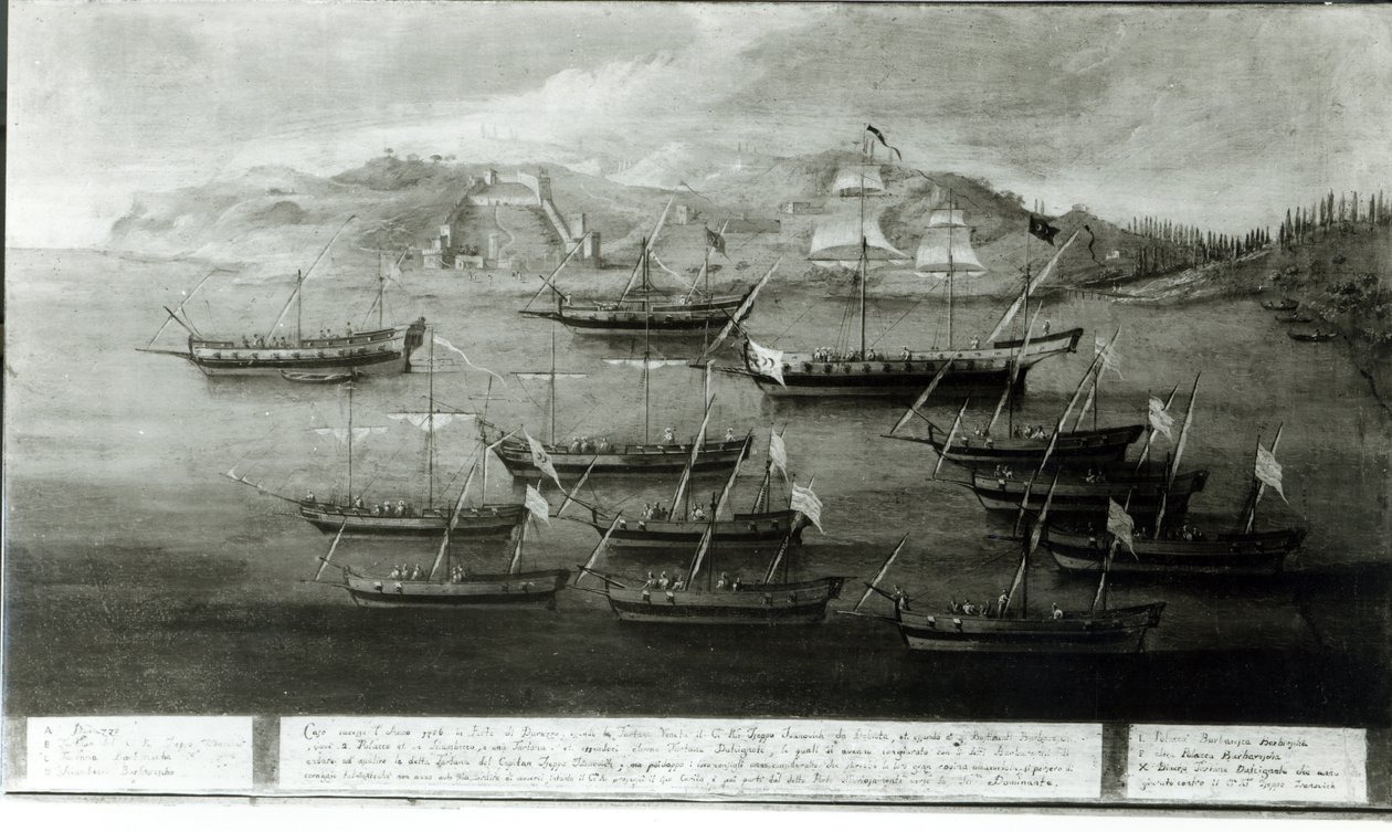 De Venetiaanse vloot geleid door Kapitein Ivanovich da Dabrota tegen Turkse Piraten bij Durazzo, 1756 door Italian School