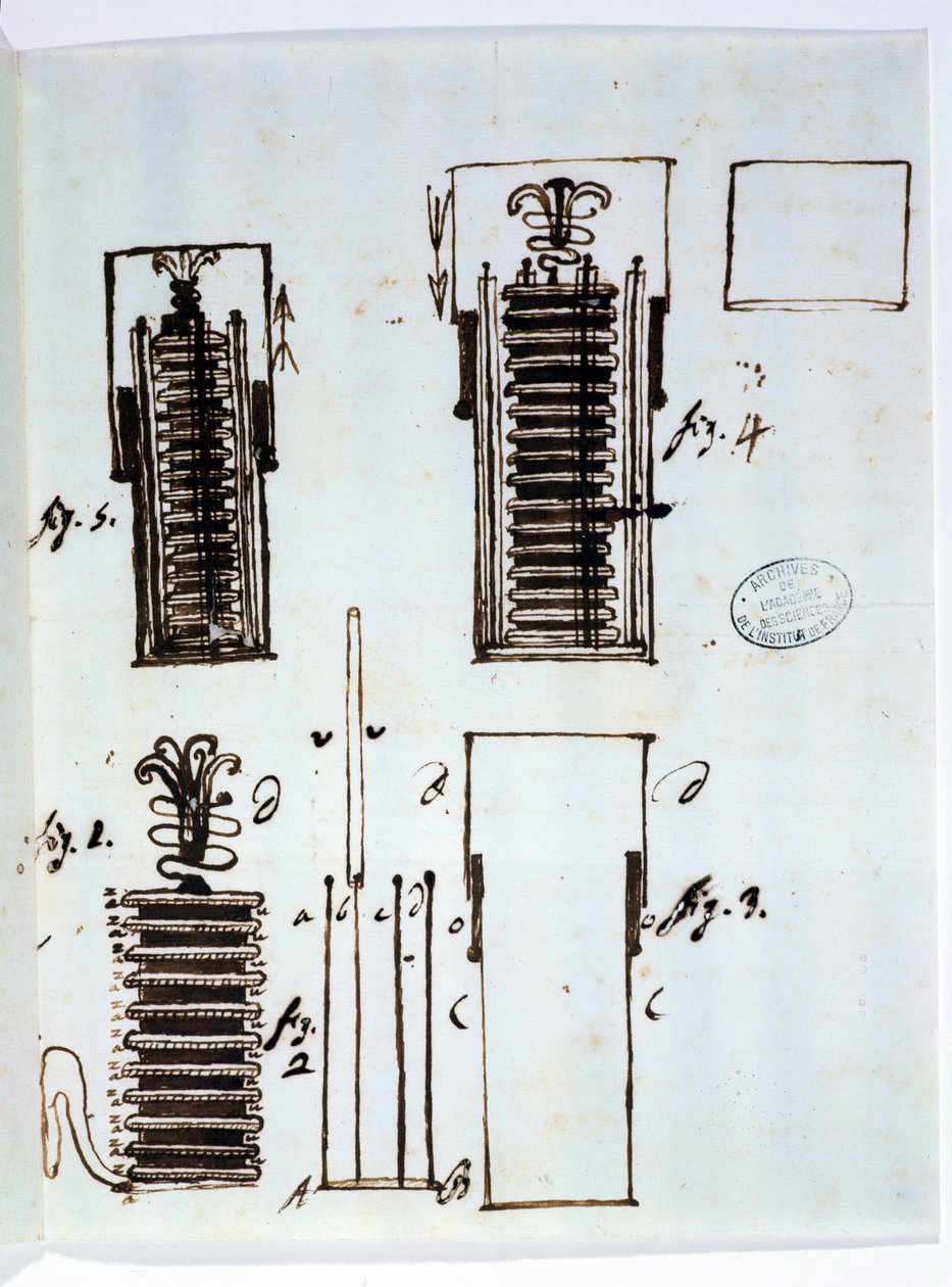 De Voltaïsche stapel (batterij). Tekening uit een brief van Alessandro Volta (1745-1827) aan Dieudonné Dolomieu (1750-1801) over galvanisme, 1801 door Italian School