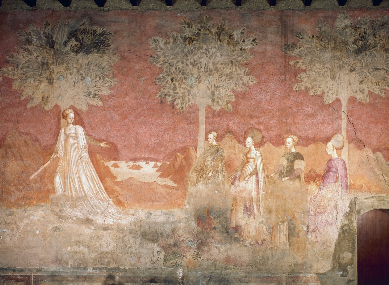 Het balspel, scène uit de Spelencyclus, ca 1445-1450, fresco, Palazzo Borromeo, Milaan, Lombardije, Italië door Italian School