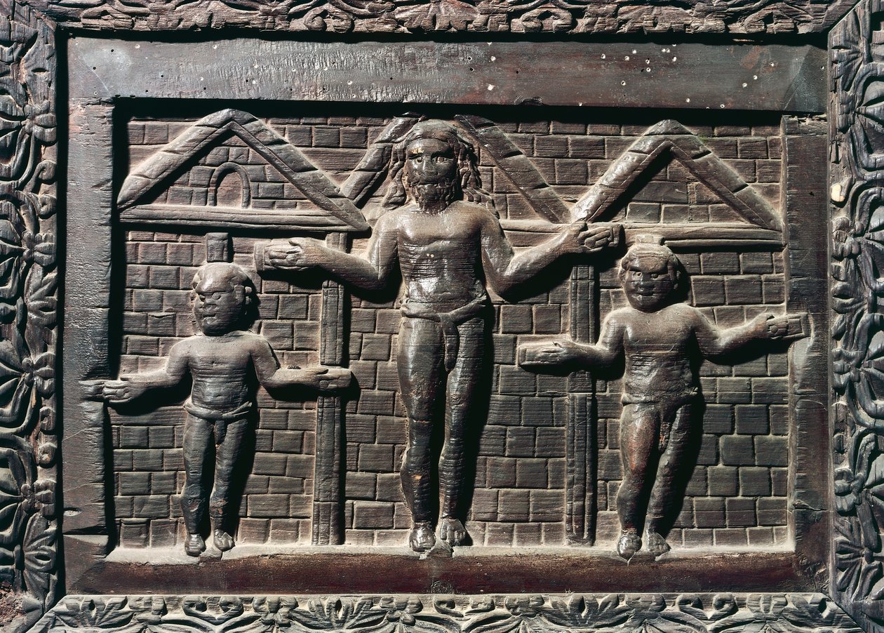 De kruisiging van Christus, tegel van hoofdingang van cipressenhout, Basiliek van Santa Sabina, Rome, 5e eeuw door Italian School
