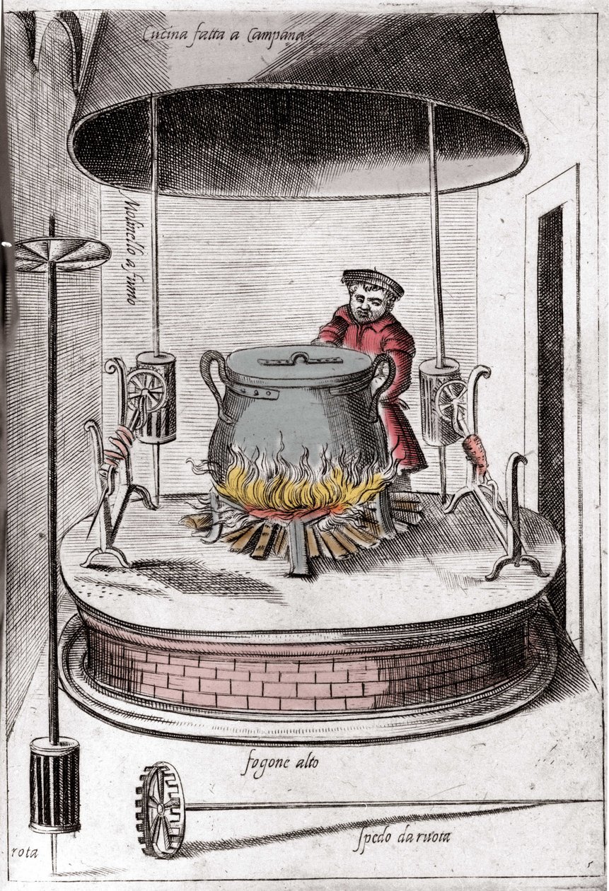 De keuken onder een bel. Gravure uit “Opera”, boek over gastronomie verdeeld in 6 delen, door Bartolomeo Scappi, persoonlijke kok van paus Pius V. Venetië door Italian School