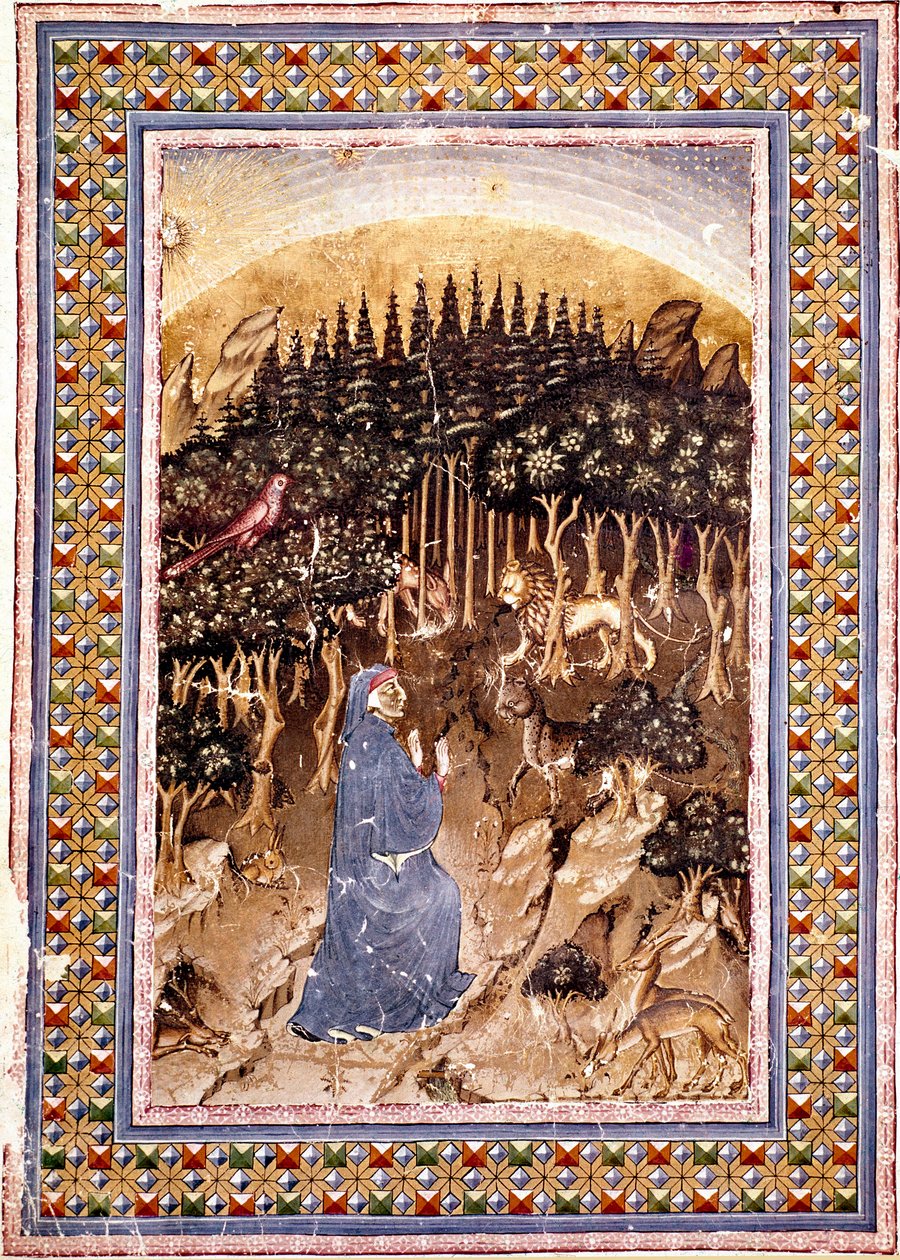 De dichter Dante bevindt zich in een donker bos. Verluchte pagina van het eerste lied van de Hel uit de 
