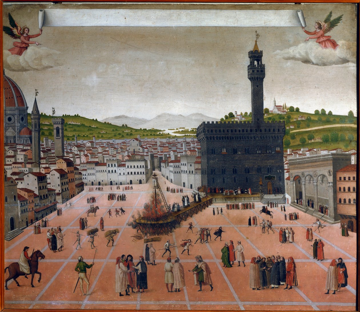 De brandstapel van Girolamo Savonarola op Piazza della Signoria, Florence in 1498 door Italian School