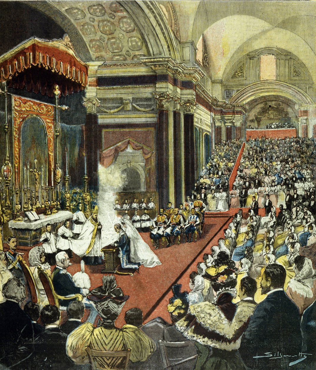 Het religieuze huwelijk van degene die koning Victor Emmanuel III zal worden met prinses Helene van Montenegro in de kerk van Santa Maria degli Angeli in Rome in 1896. door Italian School