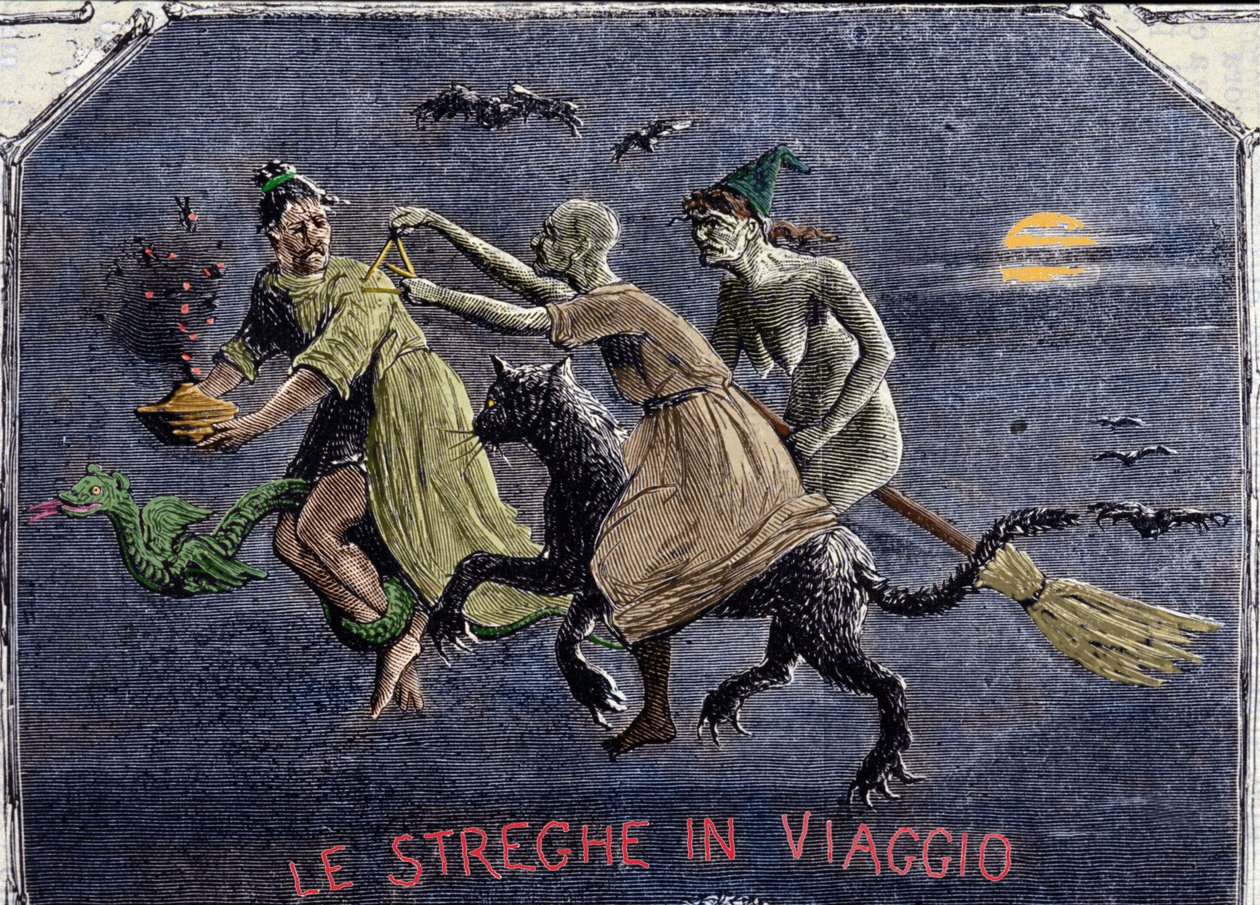 De heksen op weg naar de sabbat: een zit op een zwarte kat, een andere op een bezem en de derde op een draak draagt een elixer. Gravure door Italian School