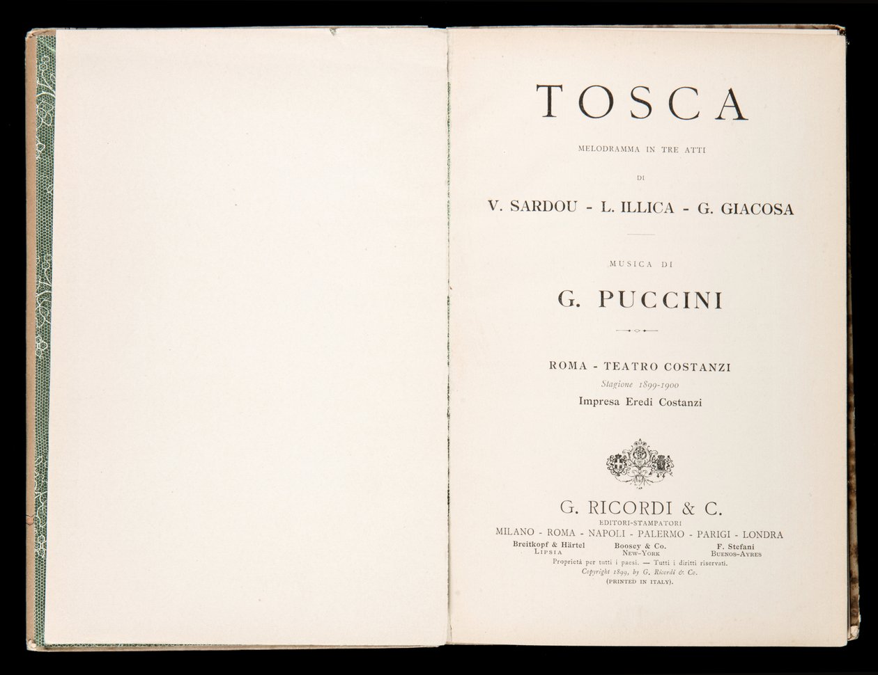 Titelpagina, Libretto della Tosca, Edizione Ricordi, Italië door Italian School