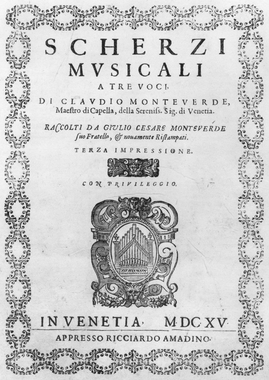 Titelpagina van de Scherzi Musicali door Claudio Monteverdi (1567-1643) 1615 door Italian School
