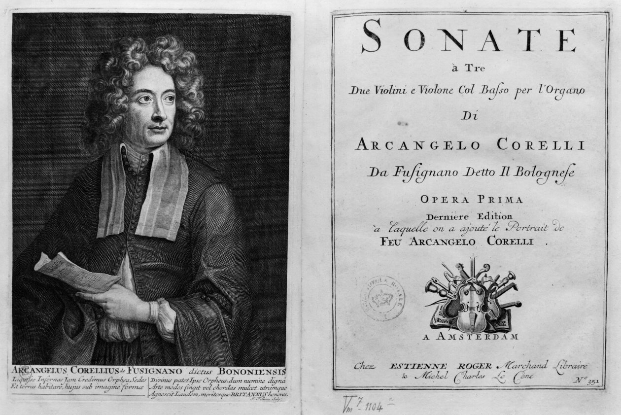 Titelpagina van Sonate a Tre met een portret van Arcangelo Corelli (1653-1713) door Italian School
