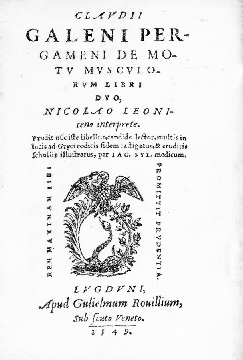 Titelpagina van Claudii Galeni Pergameni De Motu Musculorum Libri Duo, een verzameling werken van Claudius Galenus, gepubliceerd in 1549 (prent) door Italian School