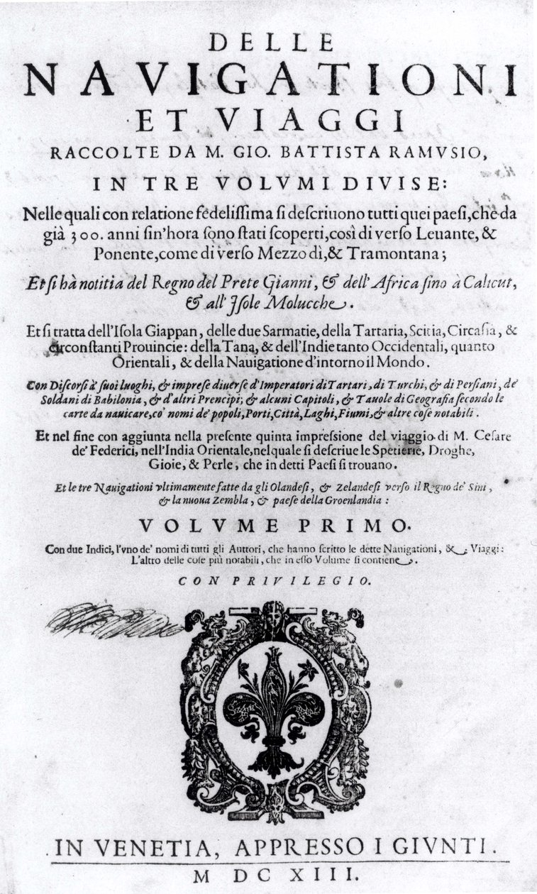 Titelpagina van deel I van Delle Navigationi et Viaggi door Giovanni Ramusio (1485-1557) gepubliceerd 1613 door Italian School