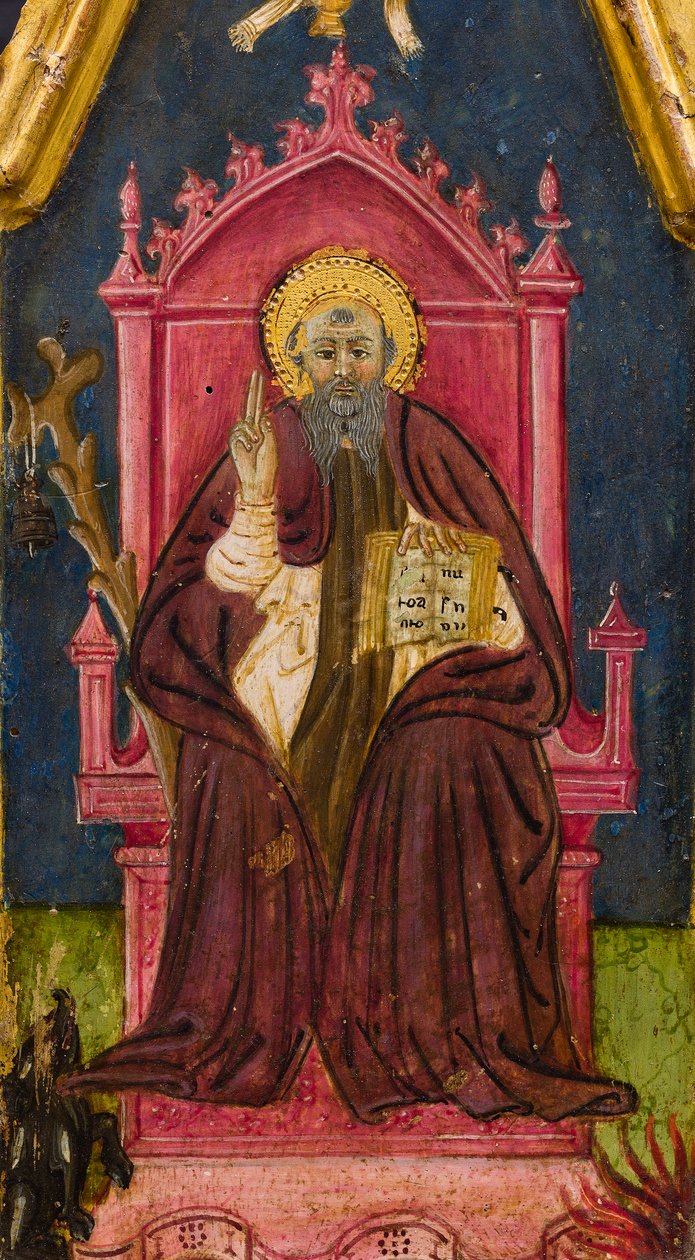 Drieluik: St. Antonius Abt op de troon, St. Paulus de Kluizenaar en St. Onophrius, detail, midden 14e eeuw (tempera op paneel) door Italian School