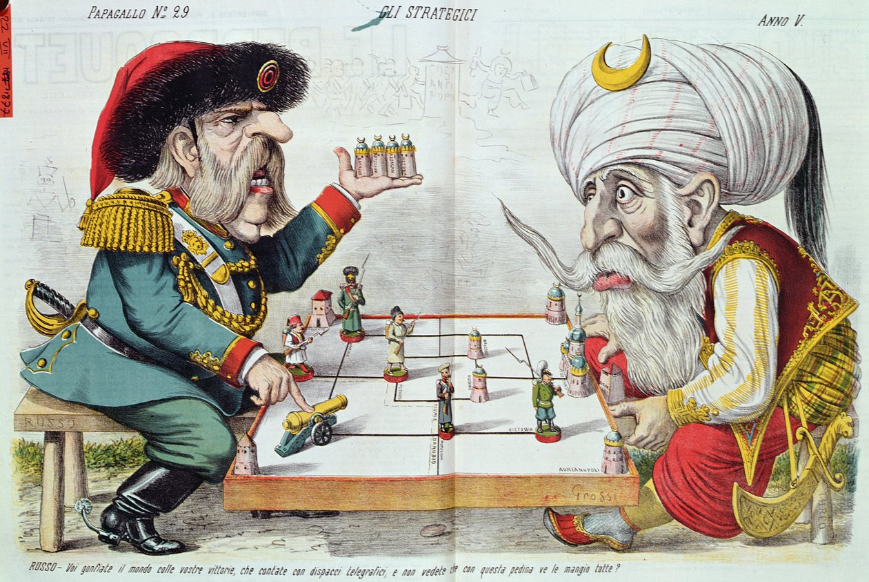 Turkije en Rusland spelen een strategisch spel, uit Le Perroquet, 1877 door Italian School