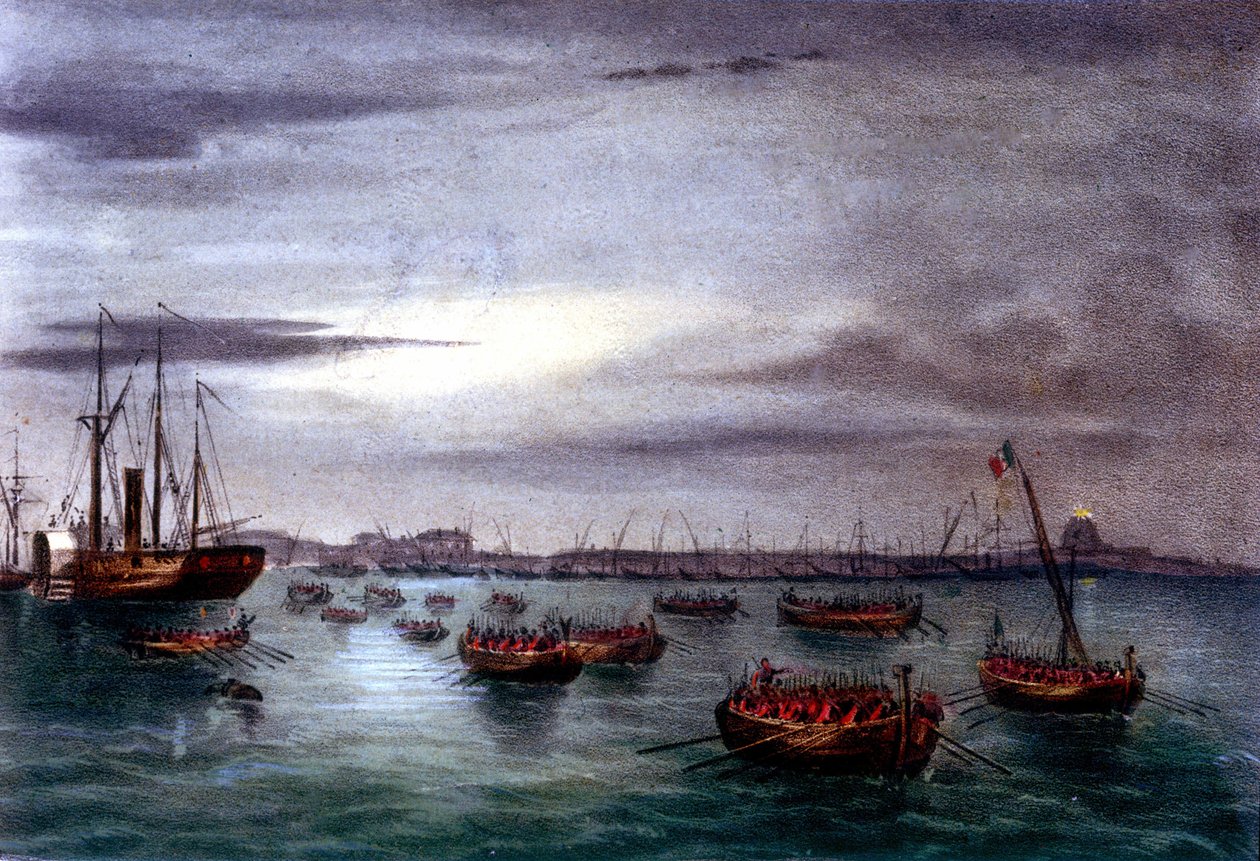Eenwording van Italië: de expeditie van de Duizend of Rode Hemden onder leiding van Giuseppe Garibaldi (1807-1882). Vertrek van de eerste vloot van het Garibaldi-leger vanaf de vuurtoren van Messina in Sicilië naar Calabrië. Lithografie uit de 19e eeuw. door Italian School