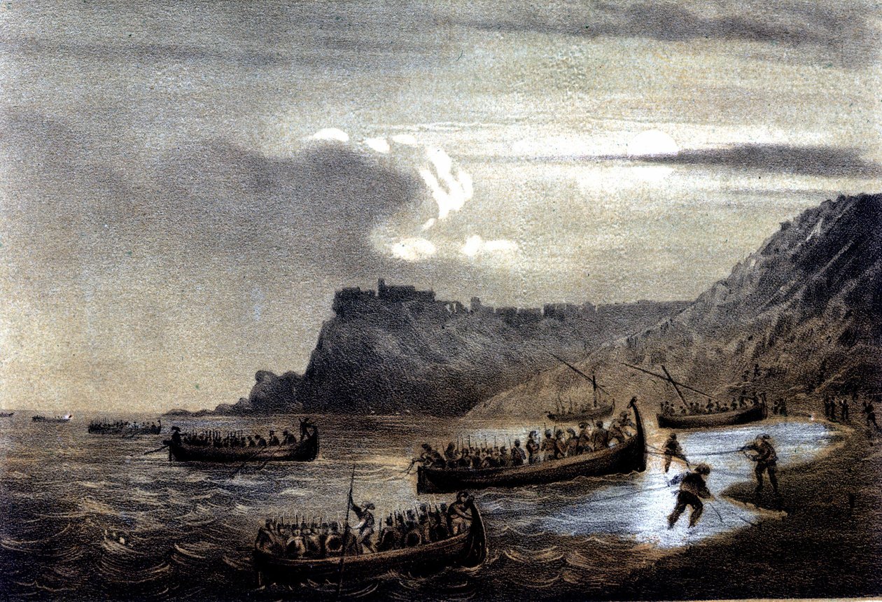 Eenwording van Italië: expeditie van de Duizend of Rode Hemden onder leiding van Giuseppe Garibaldi. Het vertrek van de eerste vloot van Garibaldianen naar Calabrië bij Fort Stella. Lithografie uit de 19e eeuw door Italian School