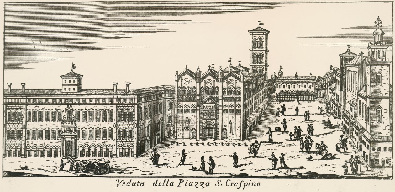 Uitzicht op Piazza San Crispino en de kathedraal van Ferrara, gravure door Italian School