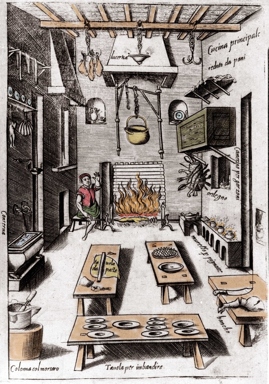 Zicht op een keuken. Gravure uit 