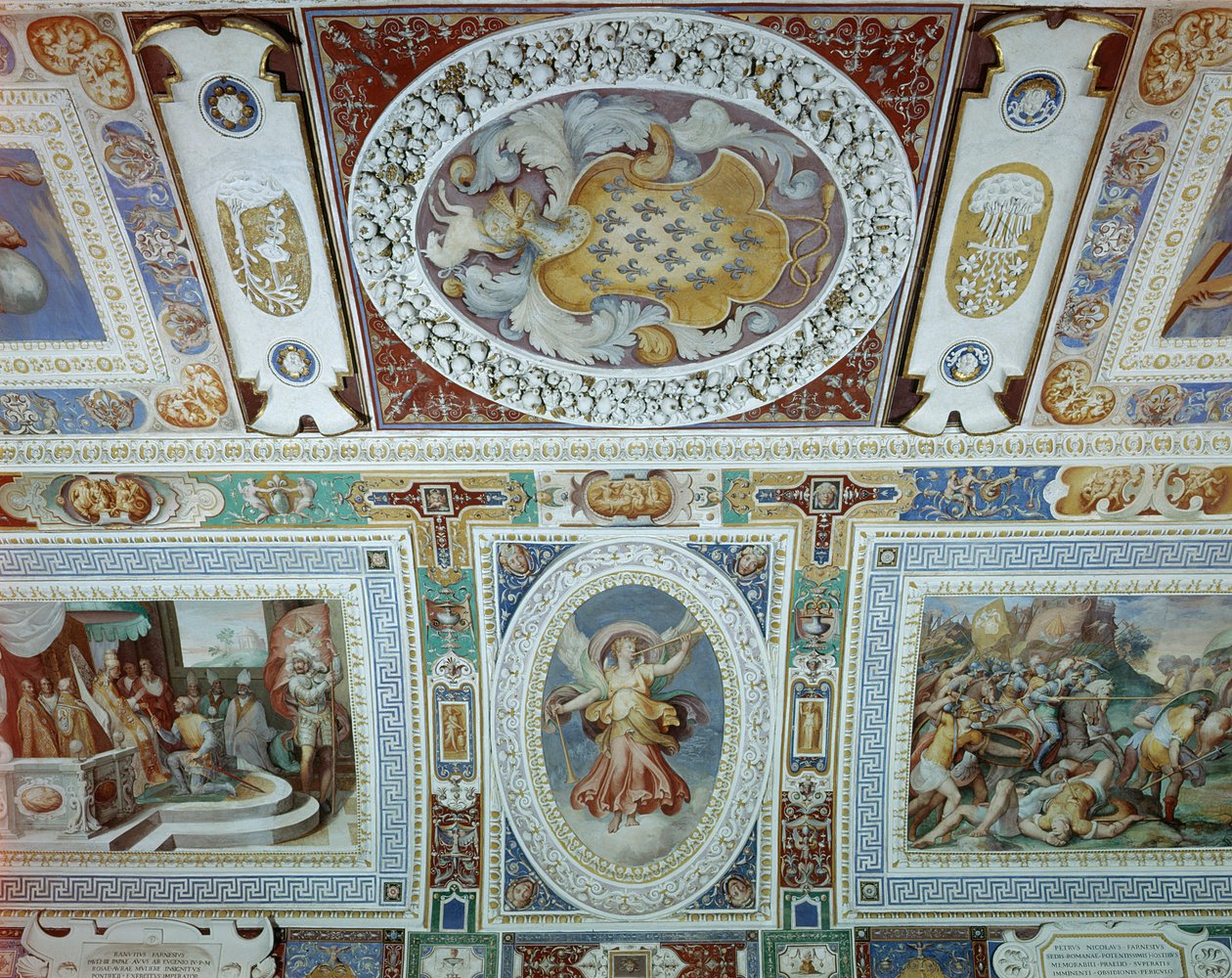 Uitzicht op de Sala dei Fasti Farnese (Zaal van de Pracht van de Farnese) bedacht door Onofrio Panvinio en fresco