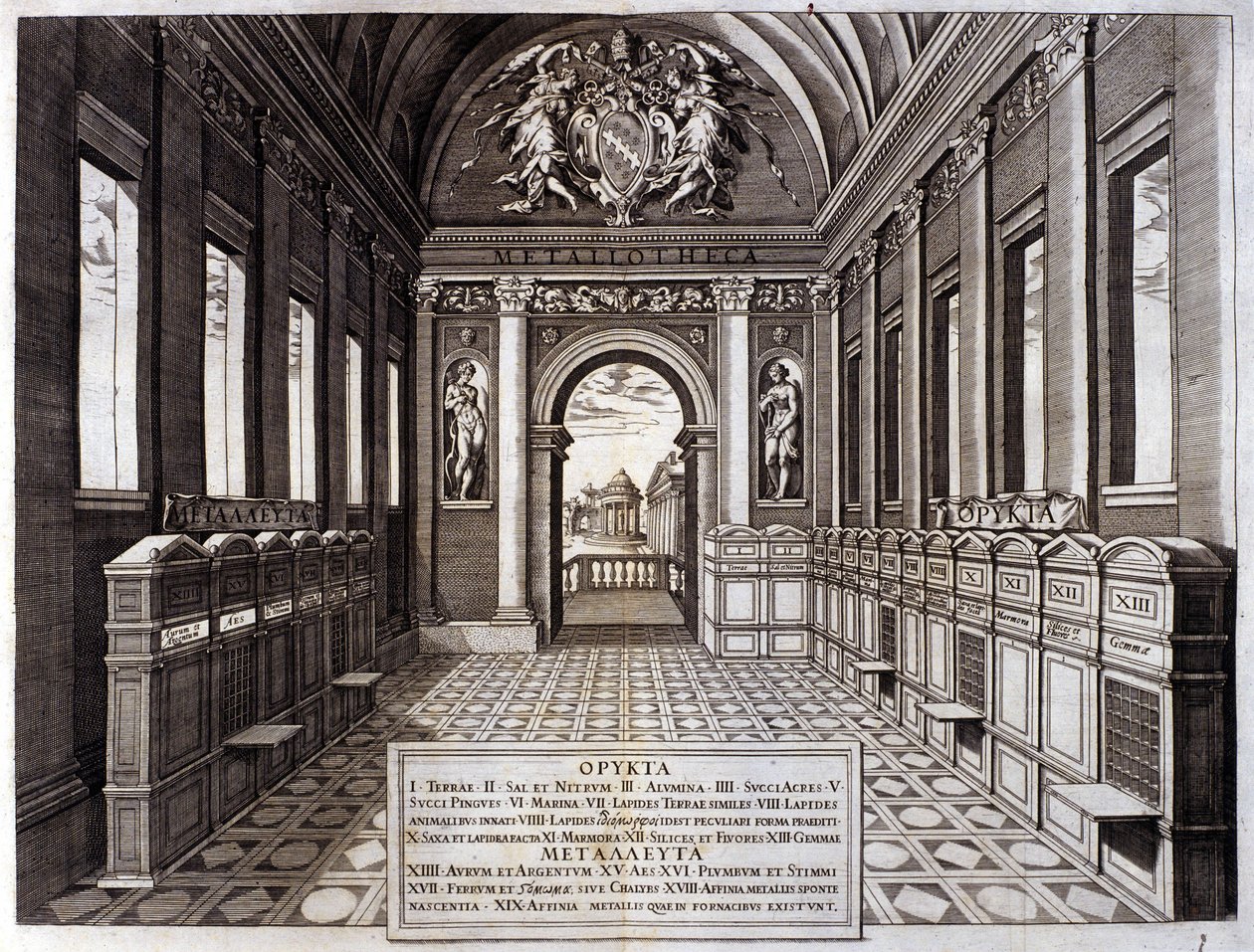 Zicht op het museum van Michele Mercati (1541-1595), rentmeester van de Vaticaanse Botanische Tuinen. Gravure uit 