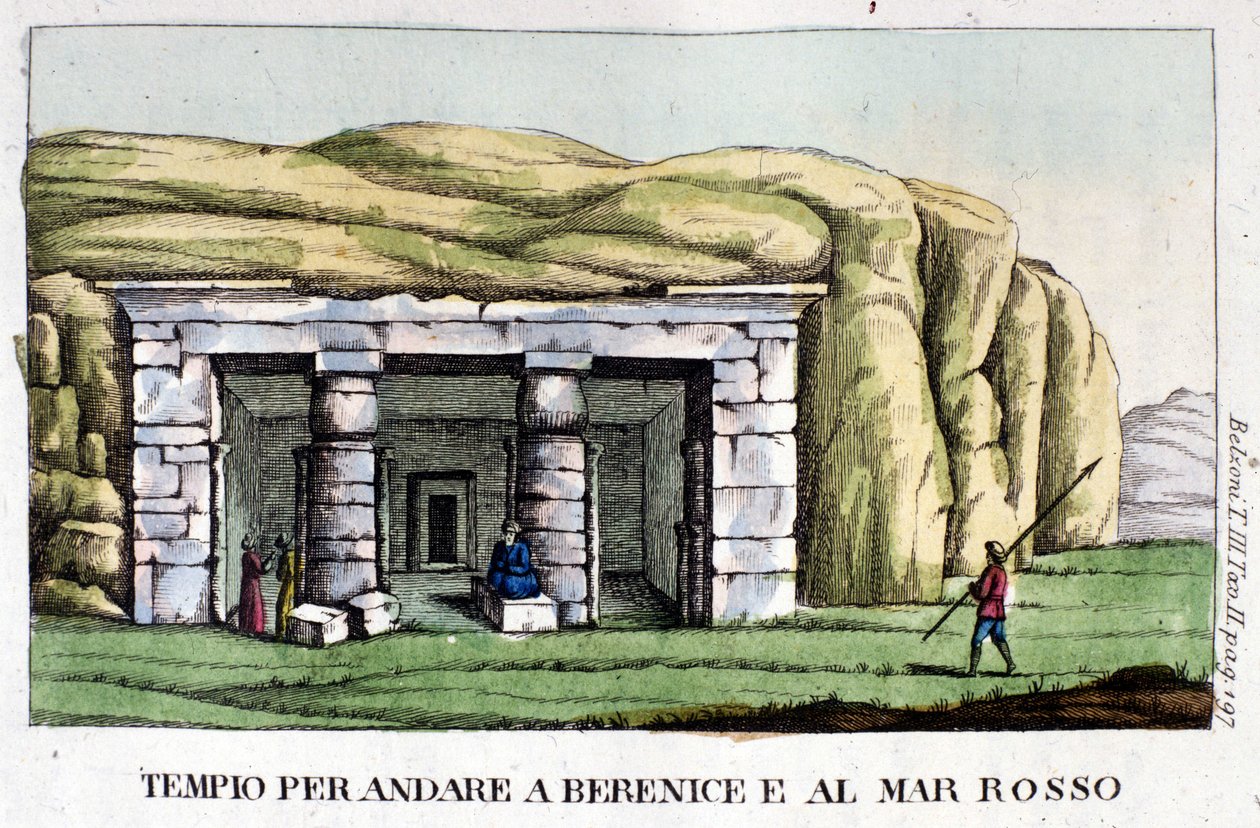 Uitzicht op de tempel op weg naar Berenice, nu Benghazi en de Rode Zee. De auteur, Giovanni Battista Belzoni, is een Italiaanse ontdekkingsreiziger en archeoloog die belangrijke archeologische ontdekkingen in Egypte heeft gedaan. Gravure door Italian School