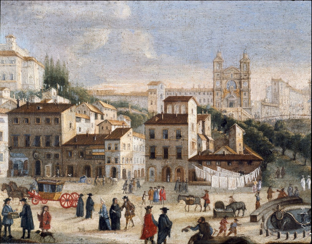 Uitzicht over het Spaanse plein en de kerk van de Heilige Drie-eenheid in Rome - 17e eeuw (schilderij) door Italian School