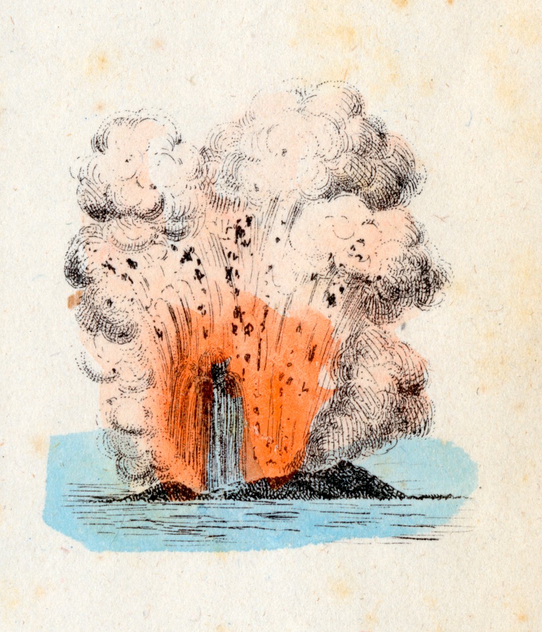 Vulkaan van de Eolische Eilanden uitbarstend, met een hoge uitbarsting van lava vergezeld door een grote hoeveelheid gas en as, Lithografie Corbetta, Milaan door Italian School