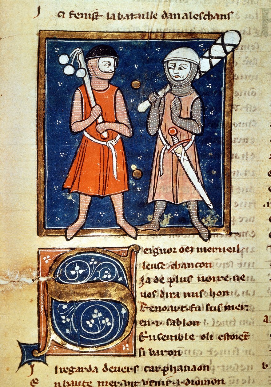 Krijgers met knuppels - in Het moinage van Willem, manuscript uit de 13e eeuw. Biblioteca Trivulziana. Milaan door Italian School