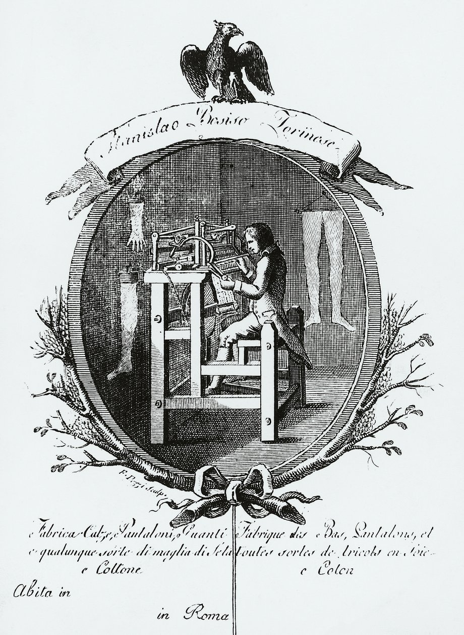 Werker aan weefgetouw, Afbeelding reclame voor Stanislaus Bosisio Torinese, Fabrikant van sokken, Broeken, Handschoenen en allerlei soorten zijde- en katoenen breigoed, Gravure, Italië door Italian School
