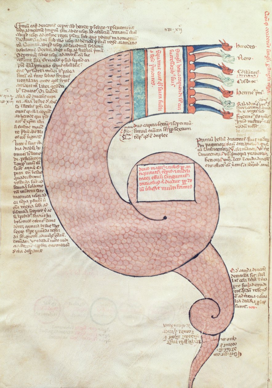 ms.ASPi, C.M 15, c.3v Pagina met tekst en een apocalyptische draak, uit Liber Figurarum e le Proemisssiones Gioachimitiche door Joachim van Flora (c.1132-1202) door Italian School