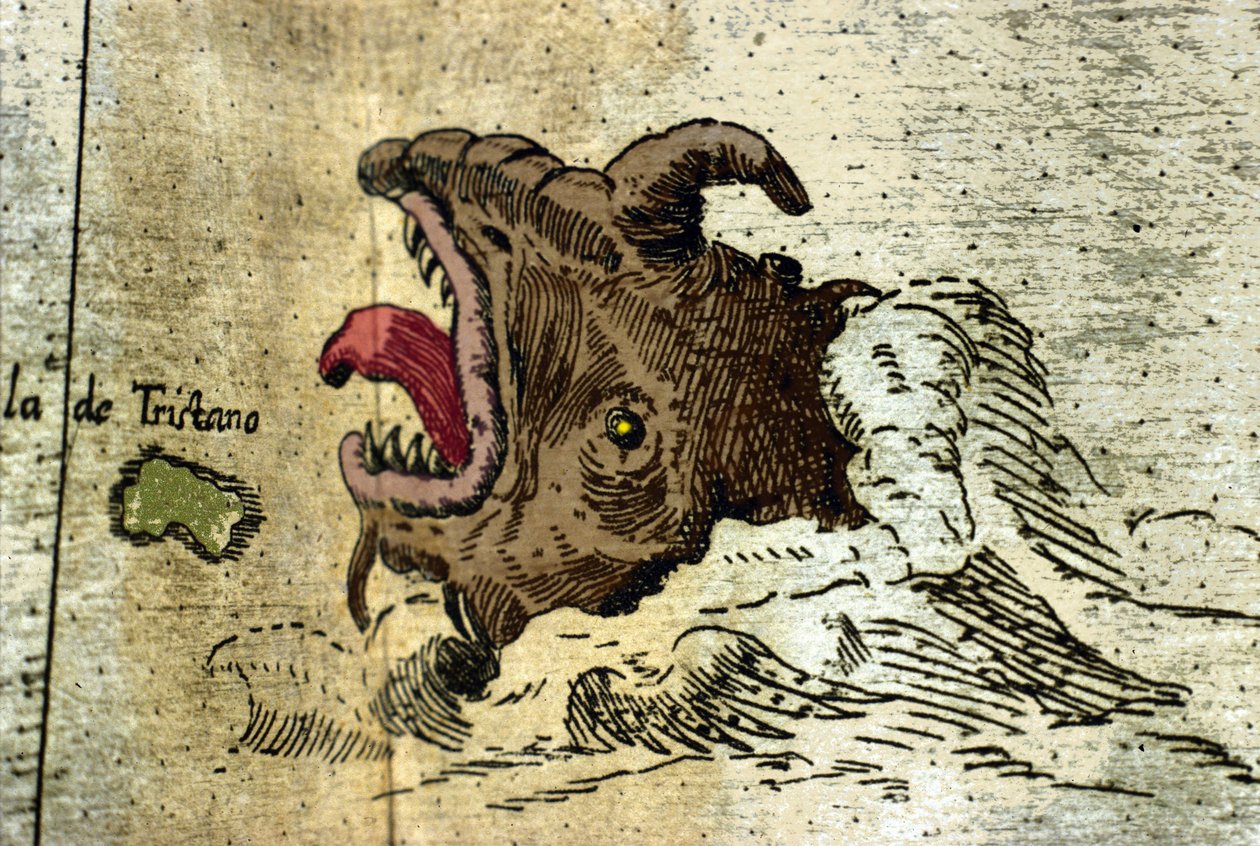 Weergave van een zeemonster nabij de Tristan da Cunha archipel. Detail van de Atlas van Urbano Monte door Italian School