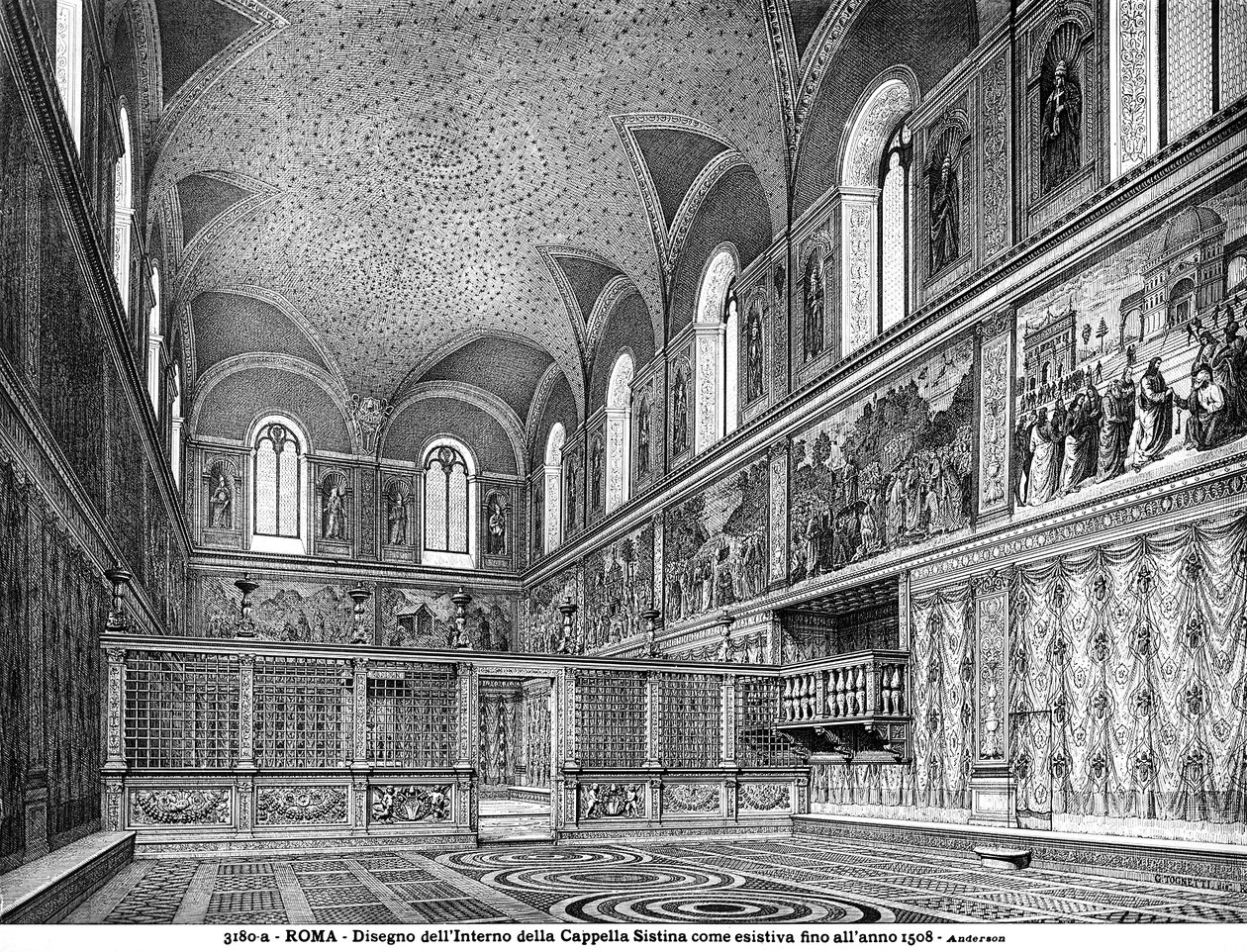 Tekening die het interieur van de Sixtijnse Kapel voor de renovatie in 1508 toont door Italian School Italian School