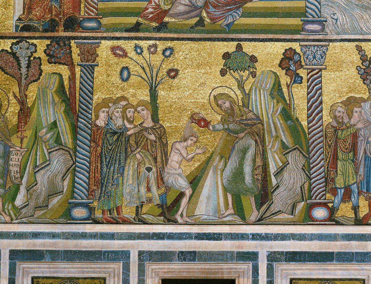 Johannes doopt in de Jordaan (mozaïek) door Italian school