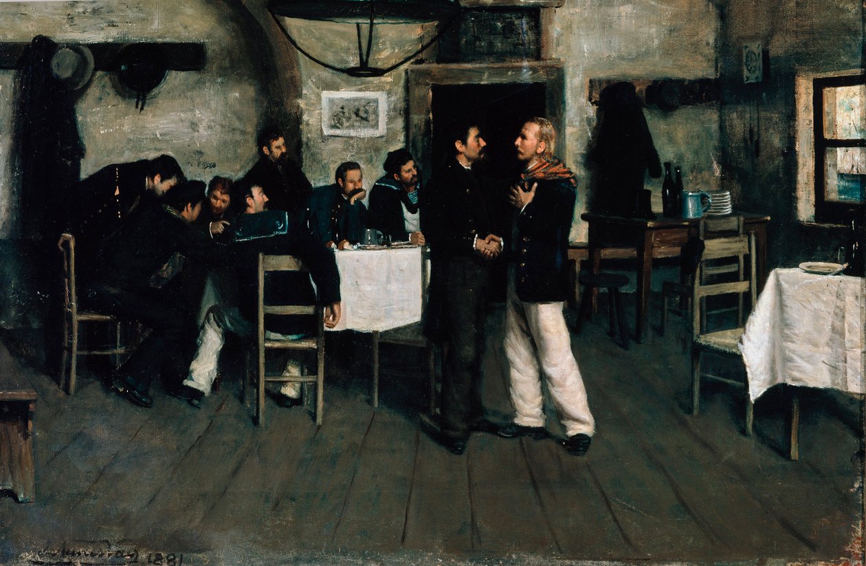 Ontmoeting van Giuseppe Garibaldi en Giovanni Battista Cuneo in Taganrog, haven aan de Zwarte Zee in 1833 door Italo Nunes Vais