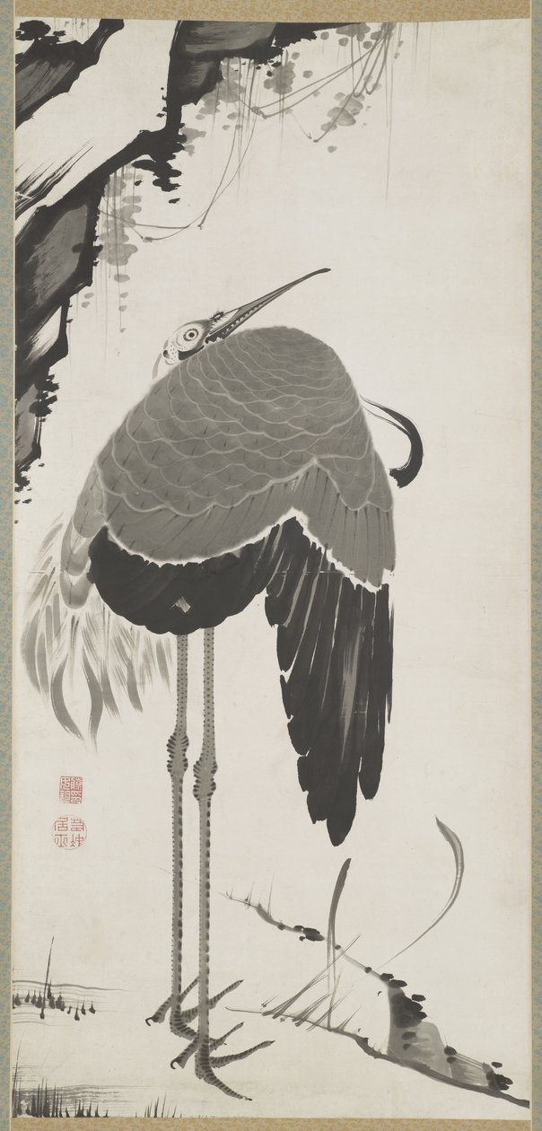 Kraanvogels, een van een paar, Hangende Rol, Edo-periode door Ito Jakuchu