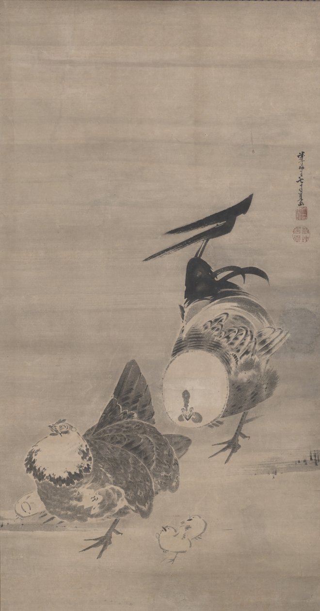 Hanekammen, Hen, en Kuikens, rechts van een paar, 1795 door Ito Jakuchu