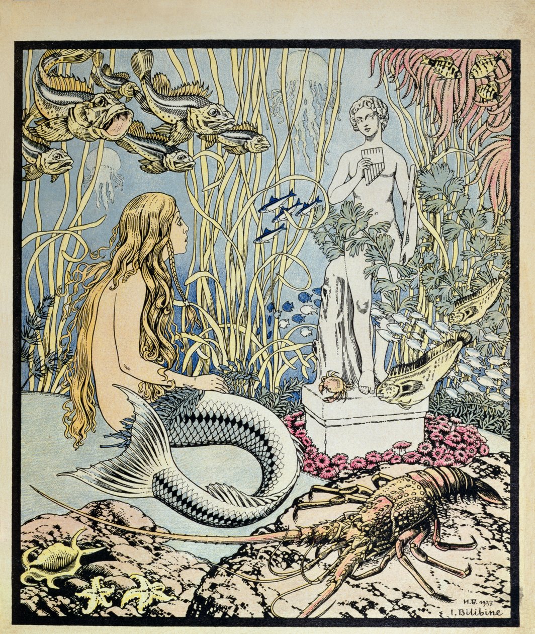 De Kleine Zeemeermin voor een standbeeld in de zee, illustratie voor een sprookje van Hans Christian Andersen (1805-75), uit 