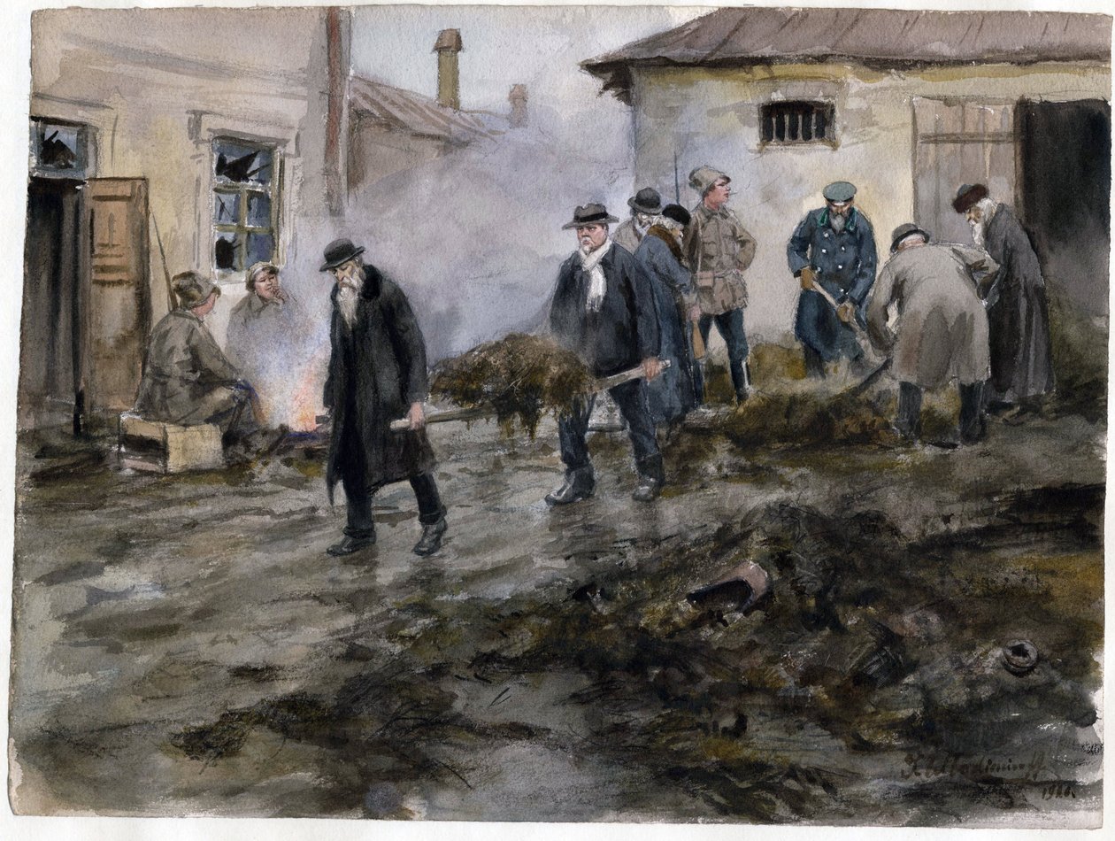 Bourgeoisie die een stal schoonmaakt (uit de serie aquarellen Russische revolutie) door Ivan Alexeyevich Vladimirov