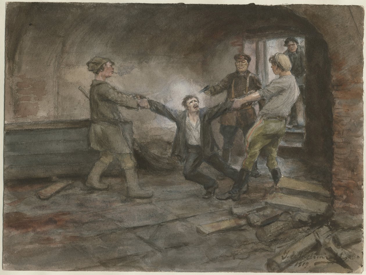 Man wordt vastgehouden en geëxecuteerd uit de serie aquarellen Russische revolutie, 1919 door Ivan Alexeyevich Vladimirov