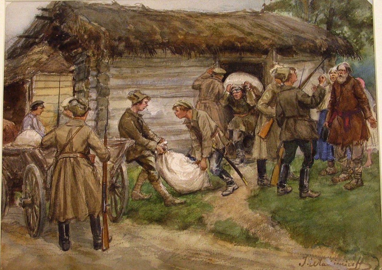 Vordering van meel van rijke boeren in een dorp nabij Pskov door Ivan Alexeyevich Vladimirov